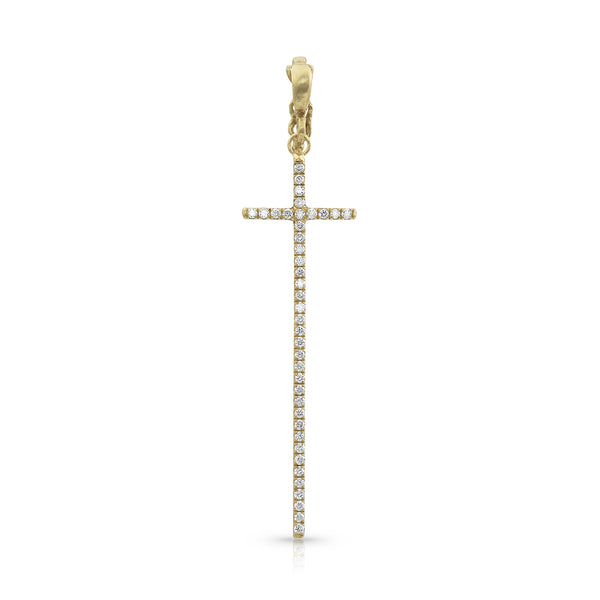 Dominique Cohen tall diamond cross enhancer, hinged bail, in white diamonds and 18k yellow gold <span class='visuallyhidden'>Call, text 323-404-2959 for shopping help.</span>